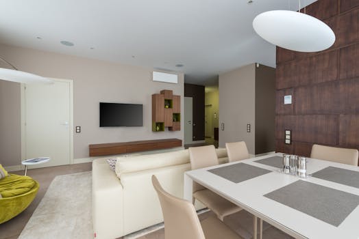 Spacious modern living room with sleek furniture and dining area in neutral tones.