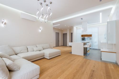 Free Comfortable sofa placed in spacious living room near kitchen zone in contemporary apartment Stock Photo