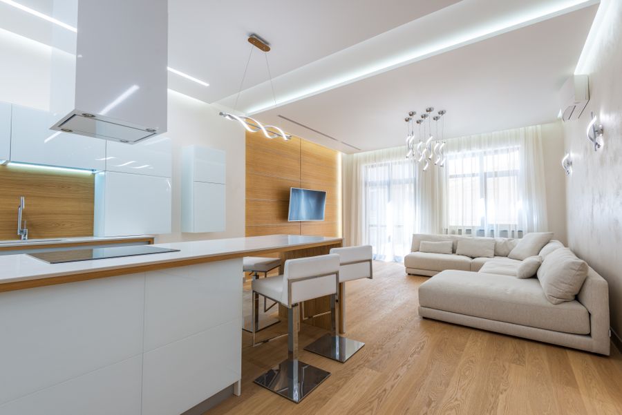 Home 17 Luxury apartment interior design with modern living room and kitchen in Gurgaon