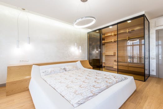 Elegant modern bedroom with a luxurious bed and glass wardrobe in a bright interior.