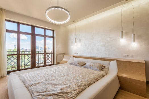 Spacious and stylish bedroom featuring contemporary design and cityscape view.