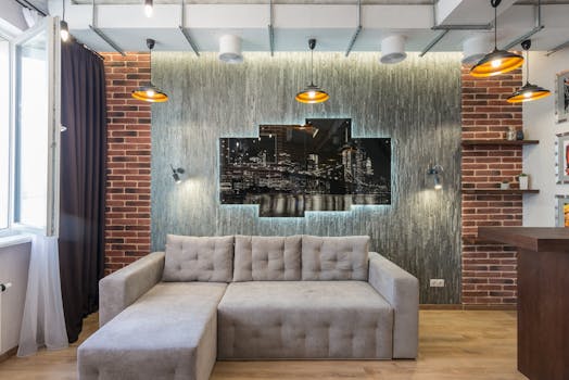 Bright and stylish living room featuring a gray sofa, brick walls, and elegant lighting.
