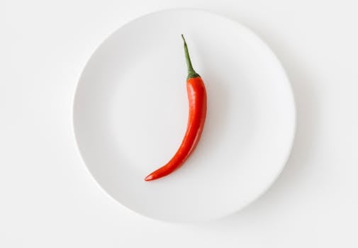 A single red chilli pepper placed on a minimalist white plate creating a modern and spicy aesthetic.
