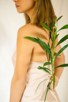 Side view of crop anonymous female holding estragon plant with curved foliage on light background