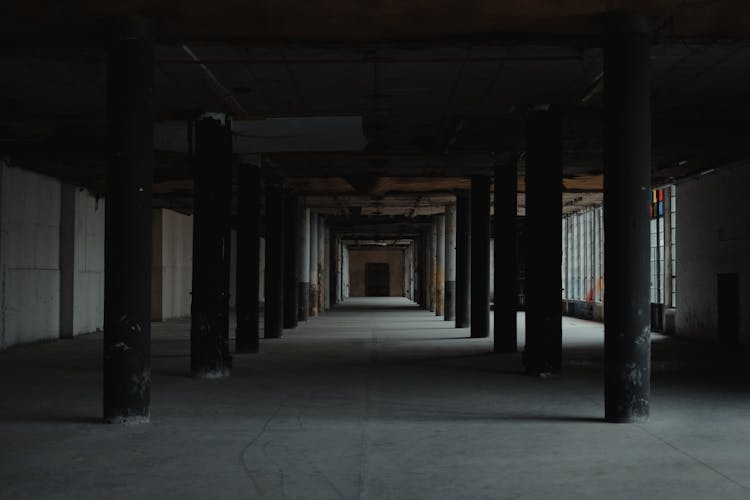 Dark Empty Hall Of Old Building With Columns