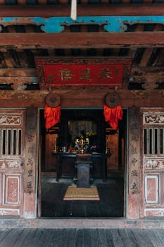 Capture of a traditional Vietnamese temple interior showcasing ornate wooden doors and an altar.
