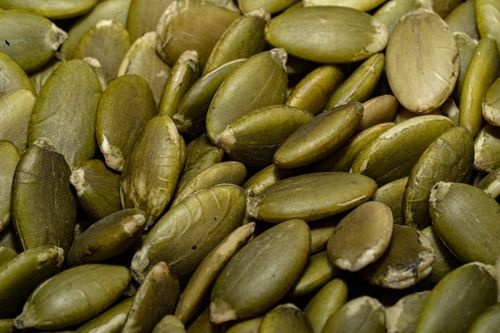 Free A detailed macro shot of a pile of fresh green pumpkin seeds, perfect for healthy eating concepts. Stock Photo