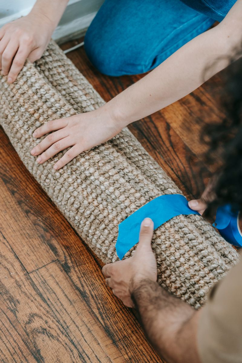 Two people pack a rolled-up carpet with blue tape on a wooden floor