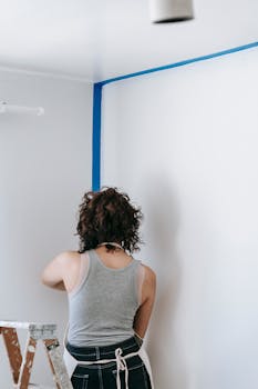 Back view of woman painting a wall indoors during a home renovation project.