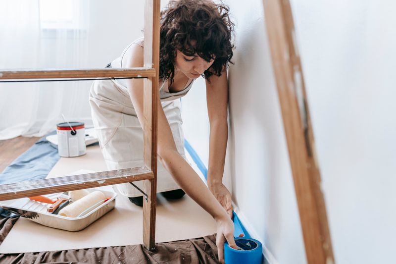 Ruban de masquage posé sur une plinthe avant peinture — bord bien appuyé