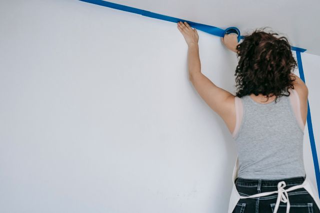 Ruban de masquage posé sur un mur pour protéger les angles avant de peindre