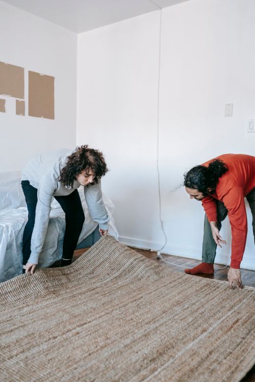 Free A couple organizing a large rug in their new apartment living room during a move-in day. Stock Photo