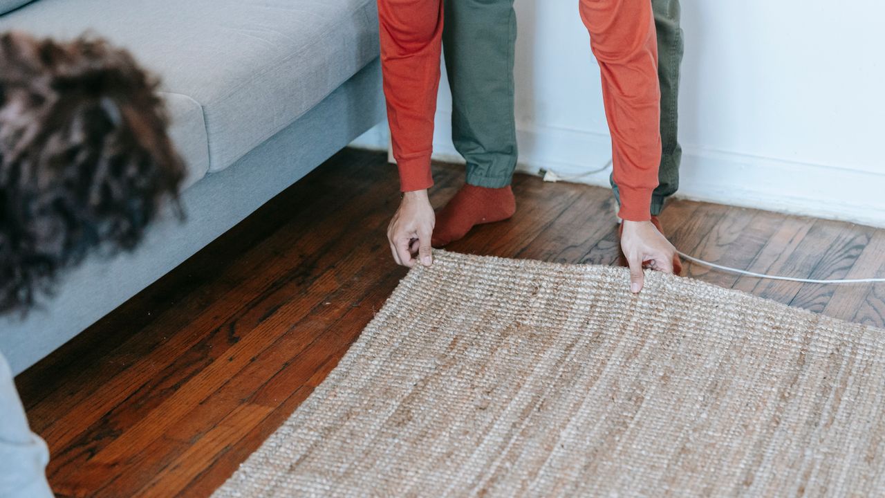 Couple laying out a rug on the floor of their living room