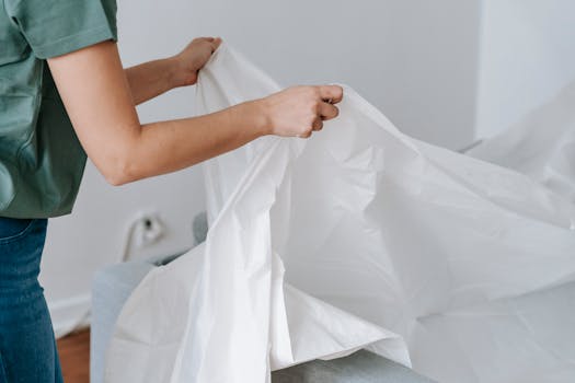 A woman carefully wraps a couch with white linen, preparing for relocation in a modern home.