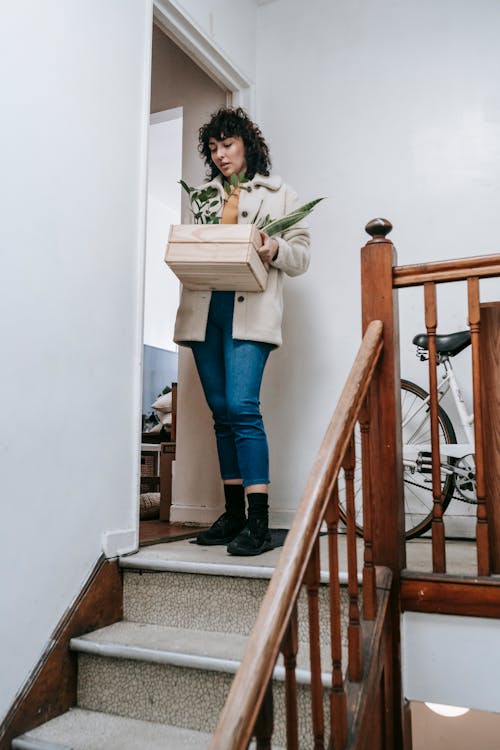 Woman Going Down The Stairs With Box Of Plants