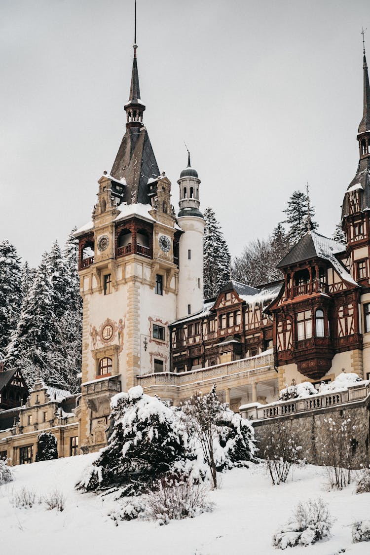 Old Castle Facade With Decor In Winter Town