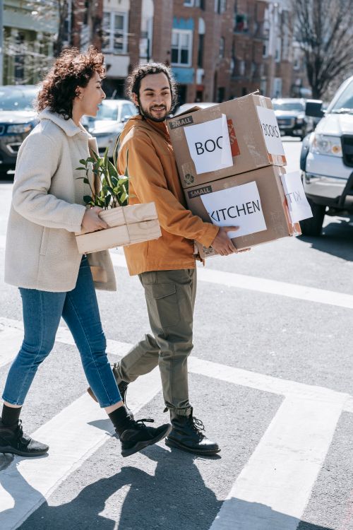 Free Man and woman moving boxes and plant across city street on sunny day. Stock Photo