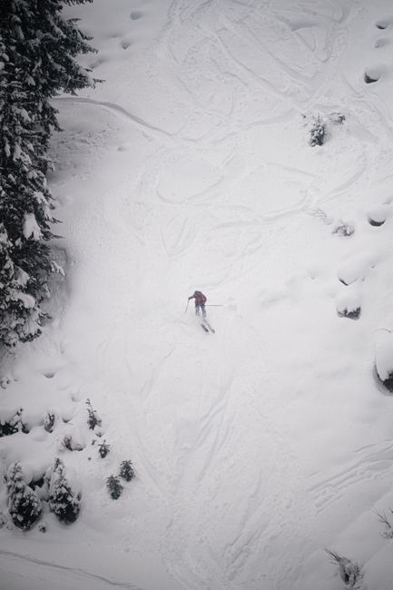 A skier navigates a snow-covered mountain slope surrounded by pine trees, captured from above.