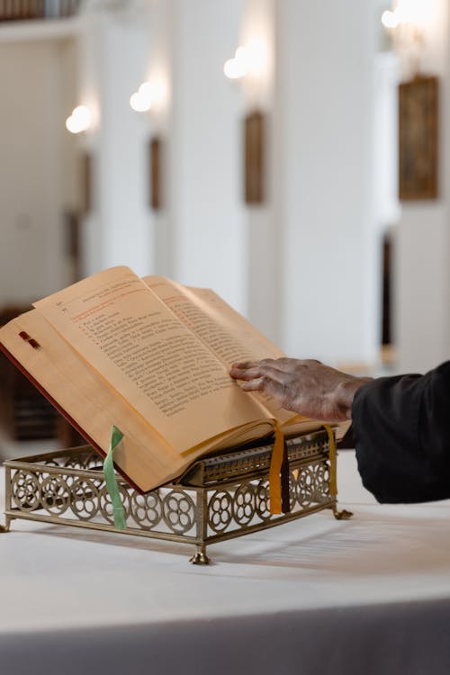 Free Person Reading the Holy Bible on Table Stock Photo