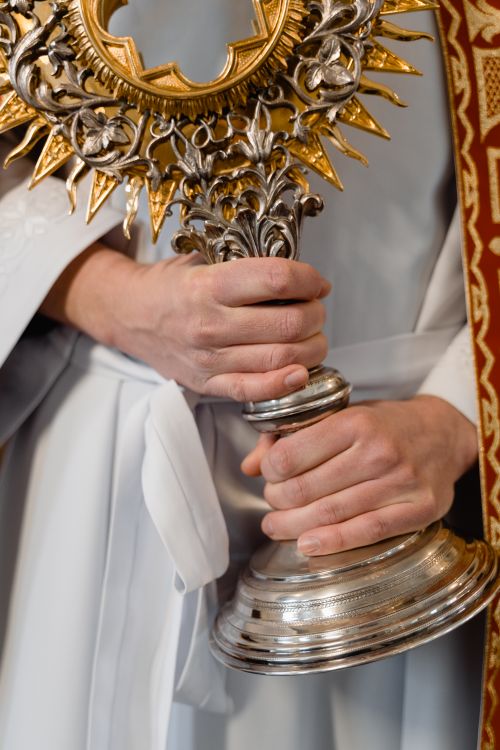 Free Close-up of a priest holding an ornate liturgical object, symbolizing faith and tradition. Stock Photo