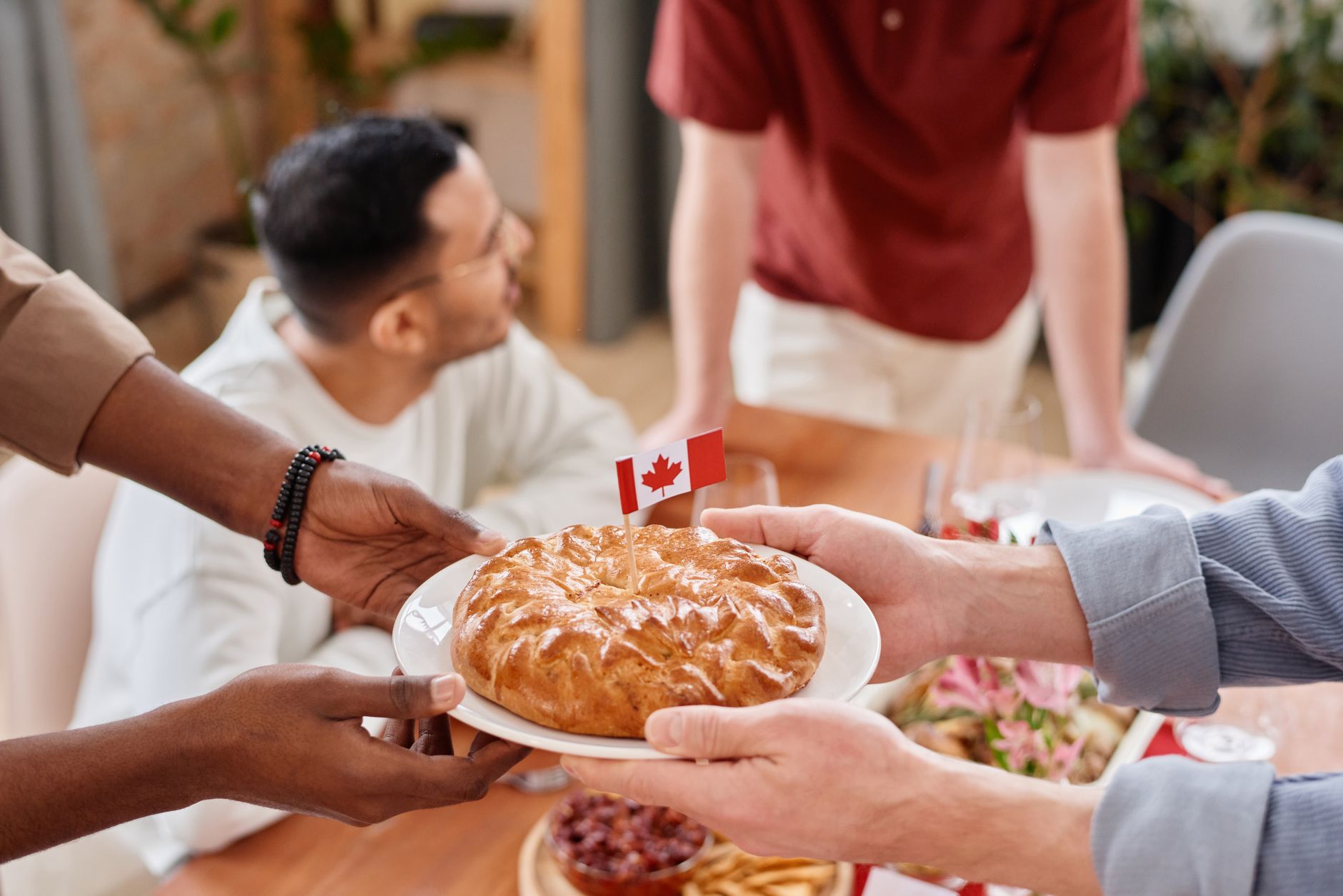 Assorted Canadian snack packages including chips and chocolate bars arranged on a wooden surface