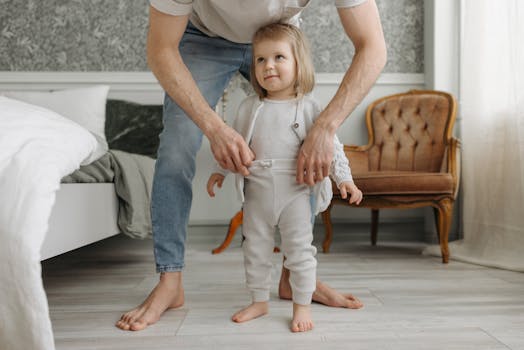 Father helping toddler child get dressed in a cozy bedroom environment.