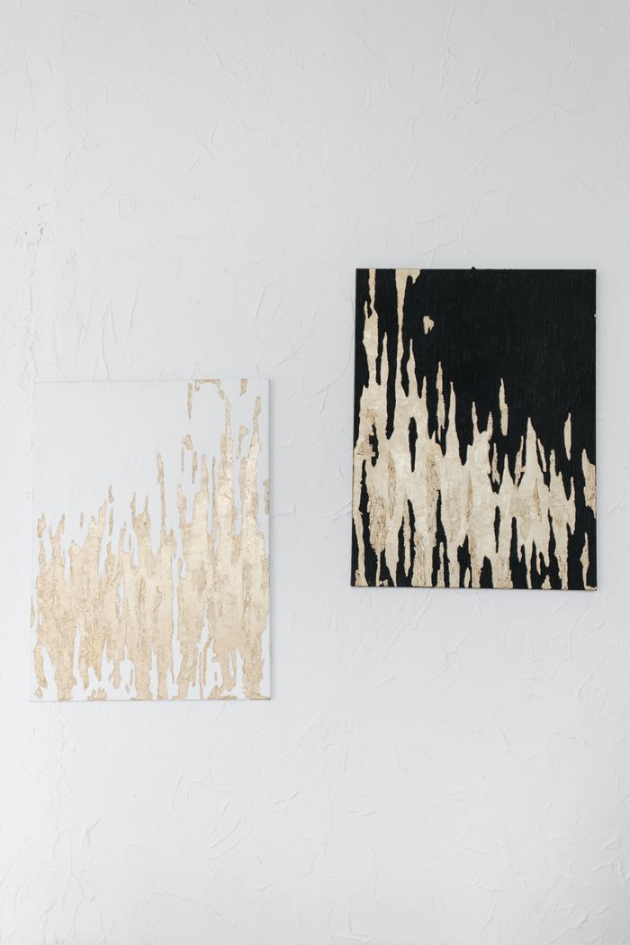 Two textured abstract paintings hung on a white plaster wall, by Pavel Danilyuk on Pexels