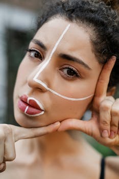 Close-up of a woman featuring creative face paint with white lines.