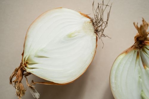 Free High-resolution close-up of a halved white onion on a neutral background, showcasing texture and detail. Stock Photo