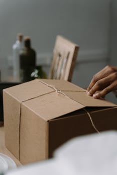 Close-up of a hand tying twine on a cardboard box indoors. Warm and cozy ambiance.