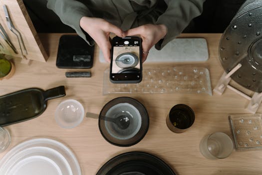 Person captures a unique table setting with smartphone, showcasing creative composition.