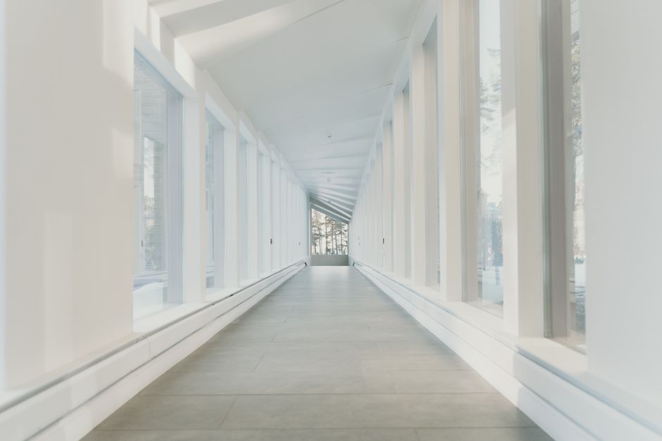 empty corporate office hallway
