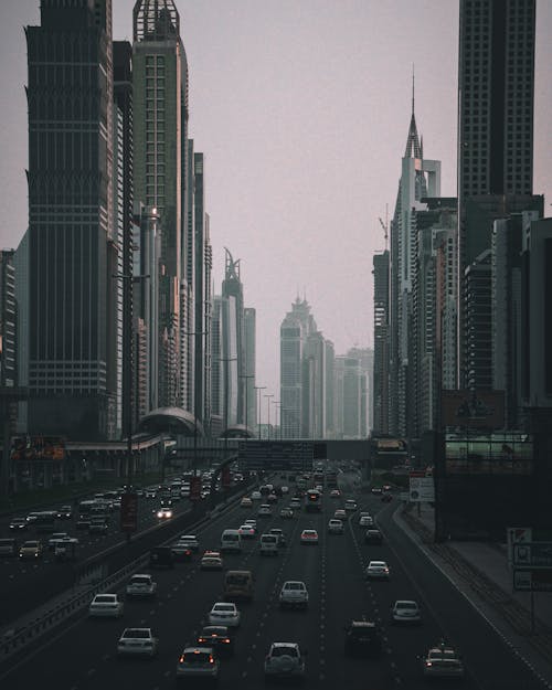 Cars on Road Near High Rise Buildings