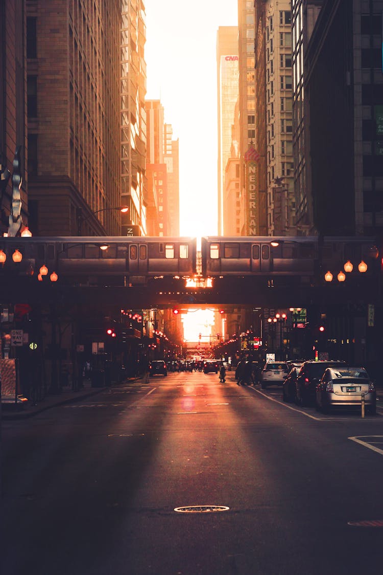 Contemporary City Street With High Rise Buildings And Elevated Railway