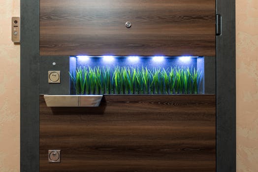 Wooden door with lock and metal handle near creative decorative green vegetation under bright illumination in light room of modern apartment