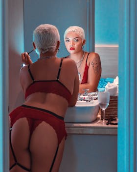 A confident woman in red lingerie applies makeup in front of a mirror, showcasing style and allure.