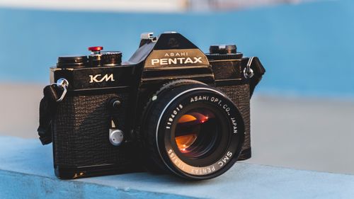 Free Close-up of a classic Pentax KM film camera with a vintage lens. Stock Photo