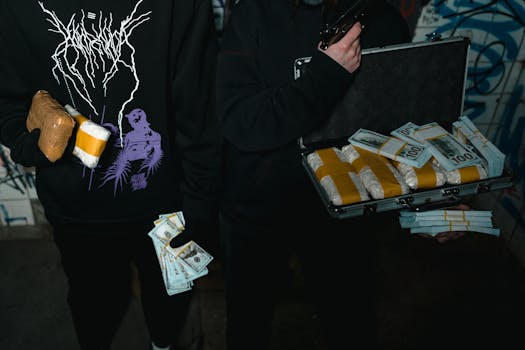 Dark urban scene depicting exchange of cash and drugs, highlighting crime.
