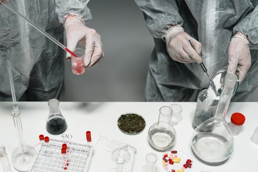 Scientists in protective gear conducting experiments in a modern laboratory setting.