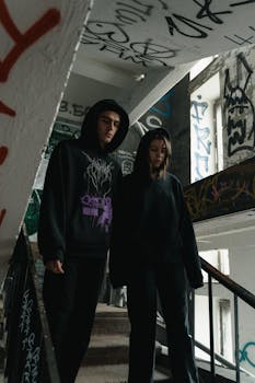 Two individuals standing in a graffiti-covered stairwell, showcasing urban street style.