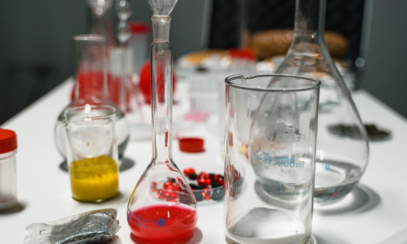 Laboratory glassware arranged for experimentation