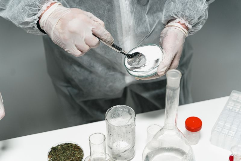 Scientist handling powder in a sterile lab