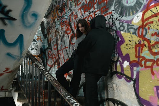 Two young adults in a graffiti-covered stairwell showcasing street art and urban culture.