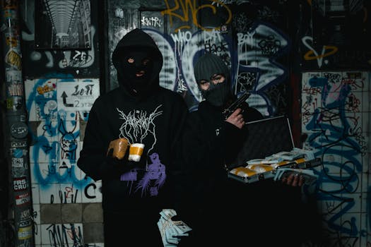 Two masked individuals holding packages and a gun in a graffiti-covered alley.