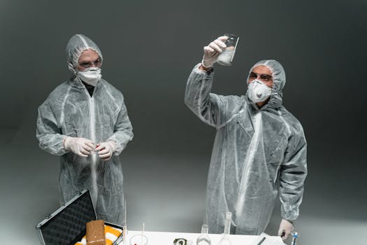 Two scientists in PPE conducting an experiment indoors with lab equipment.