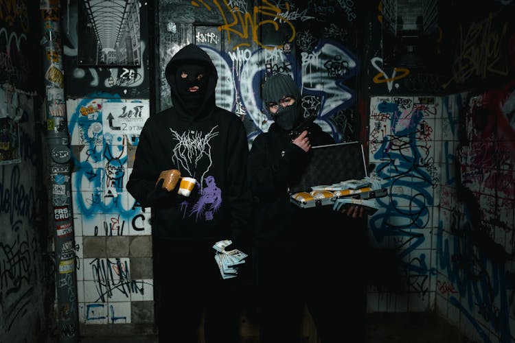 Two People In Black Hoodie Standing Beside A Wall With Graffiti Holding Cash Money