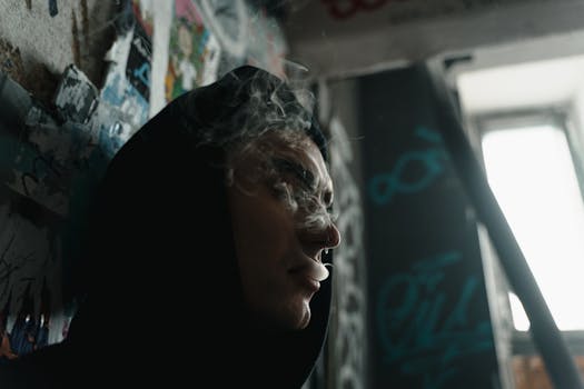 Person in hoodie surrounded by graffiti, exhaling smoke in urban setting.