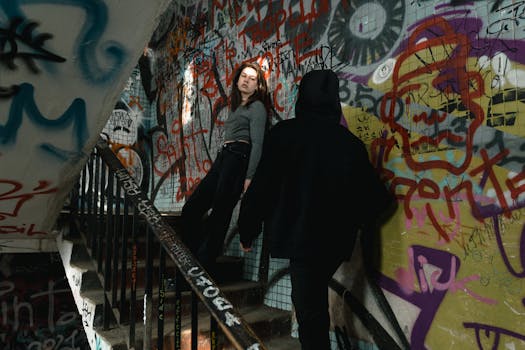 Teenagers standing on graffiti-covered stairs, showcasing urban art and street culture.