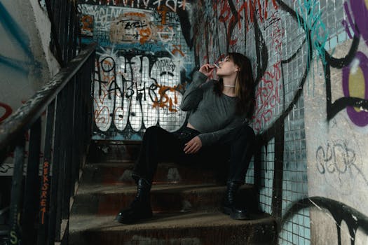 Woman smoking in a graffiti-adorned stairwell, capturing urban street vibe.