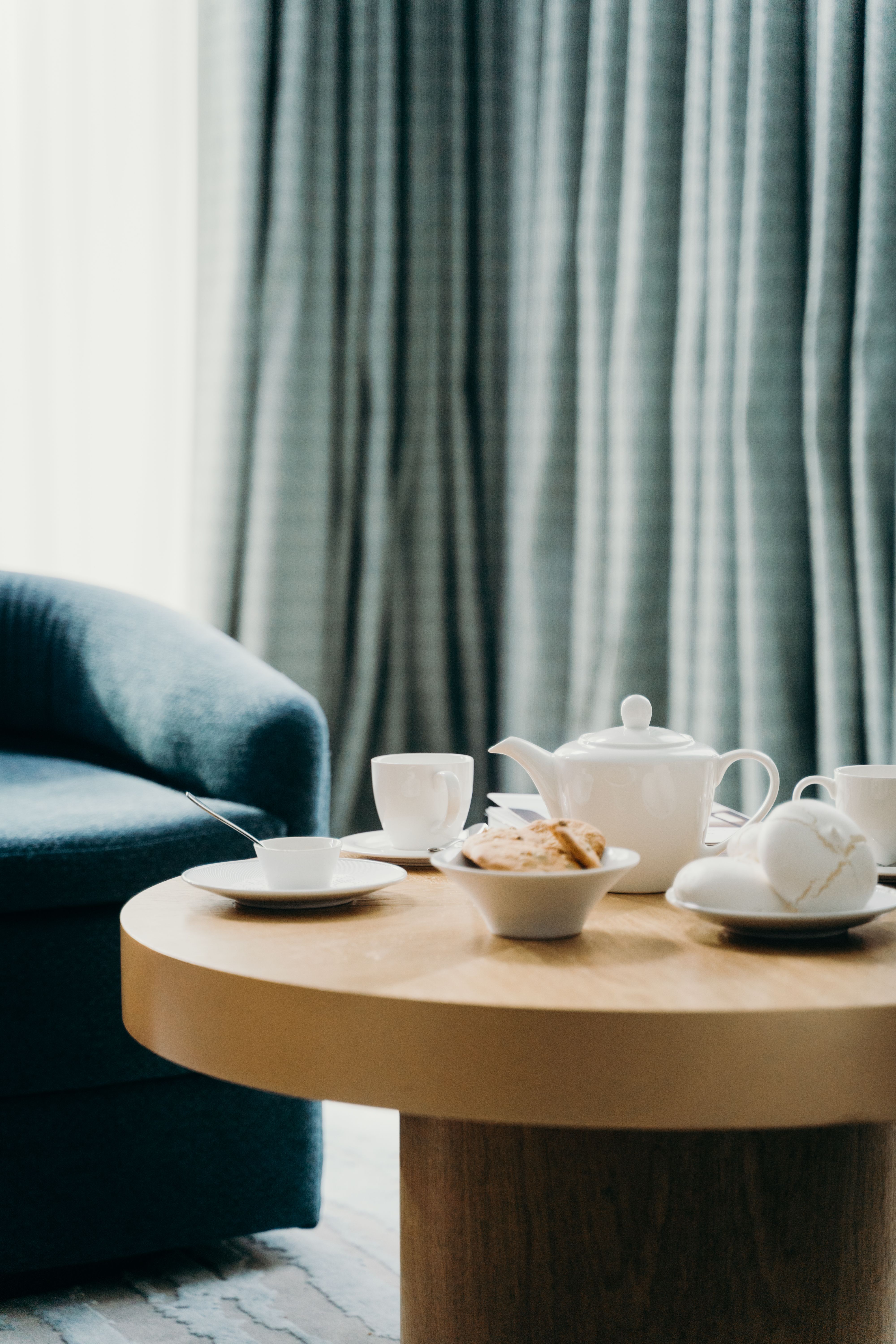 White Tea Cups on Wooden Round Table · Free Stock Photo